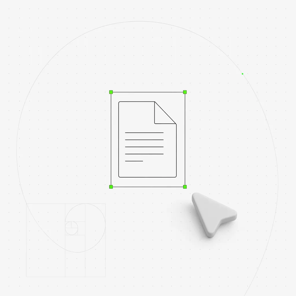 A single markdown document sheet with plain text lines, selected in a green frame on a near-white editorial ground