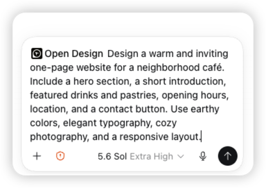 A real Codex prompt asking Open Design to create a warm neighborhood cafe website