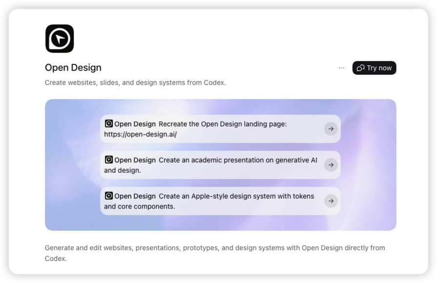 The real Open Design plugin detail screen in Codex with a Try now button