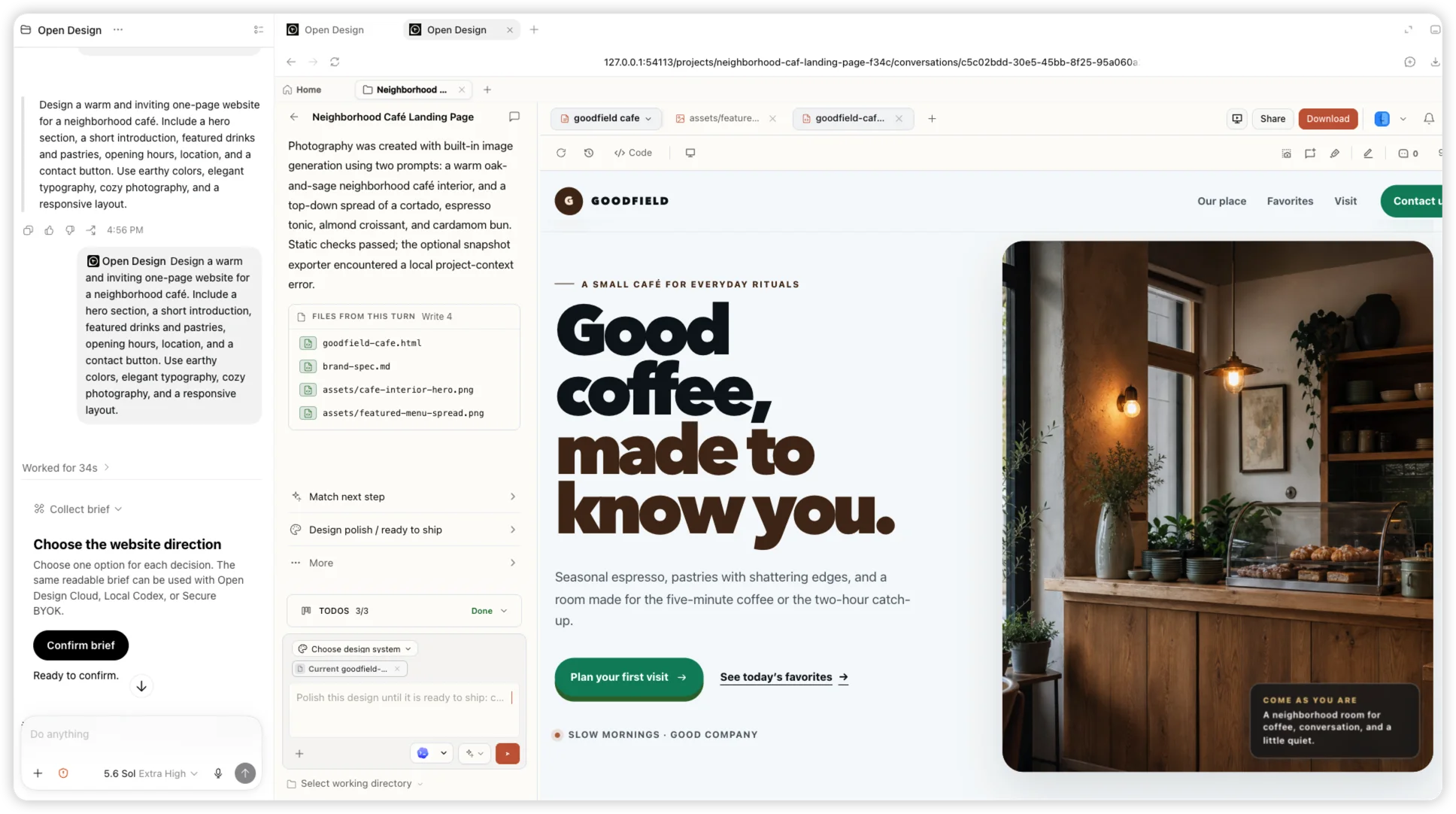 A real Codex task using the Open Design plugin alongside the finished Goodfield cafe website